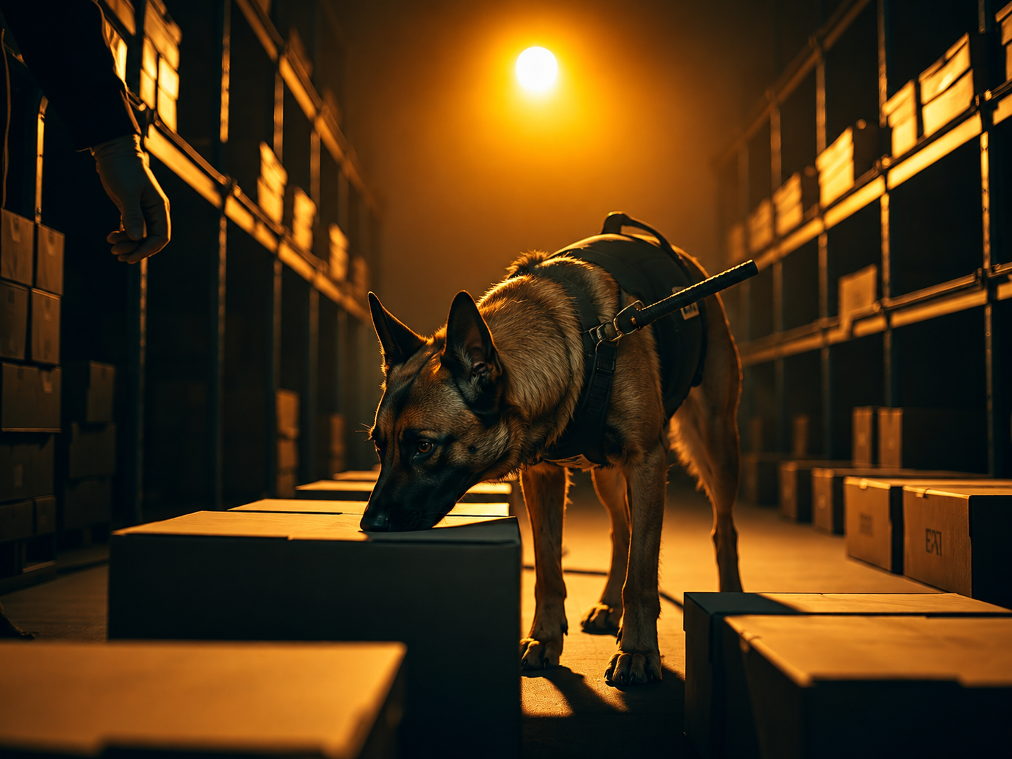 Cão de detecção farejando cargas em um galpão
