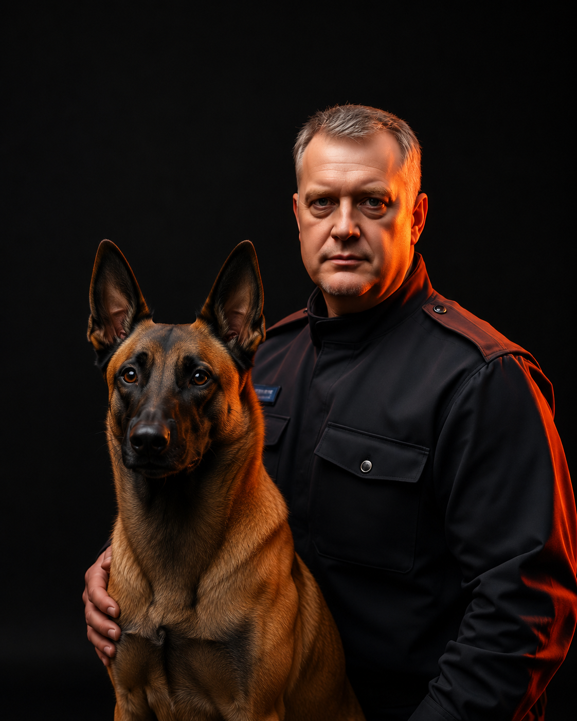 Retrato do adestrador responsável pelo canil militar de Mairiporã com seu cão